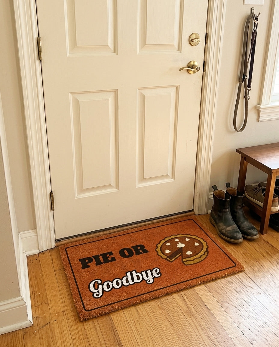 Pie Or Goodbye welcome mat in a home entryway