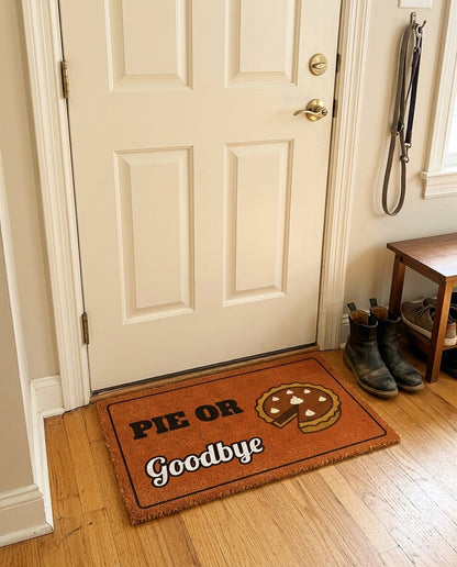 Pie Or Goodbye welcome mat in a home entryway