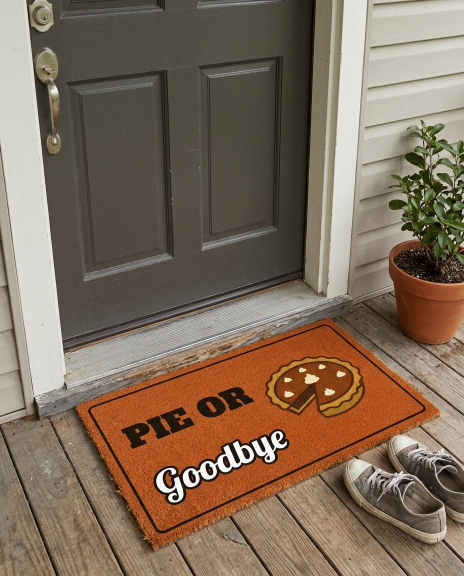 Pie Or Goodbye Thanksgiving doormat on a front porch