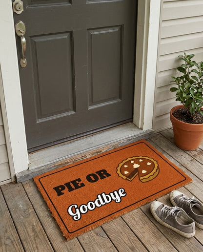 Pie Or Goodbye Thanksgiving doormat on a front porch