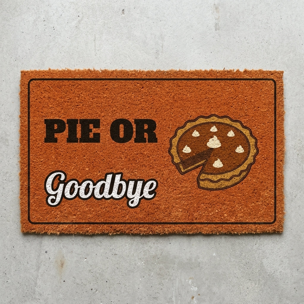 Pie Or Goodbye doormat 30x18 in burnt orange with a pecan pie