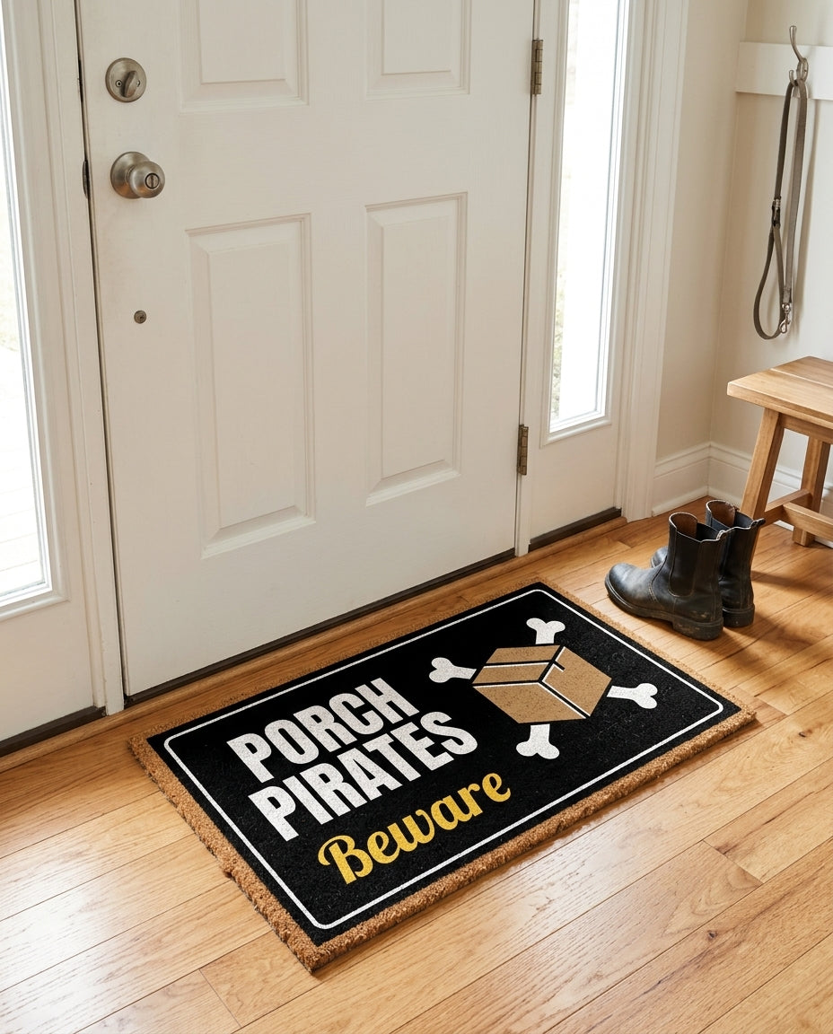 Porch Pirates Beware welcome mat in a home entryway