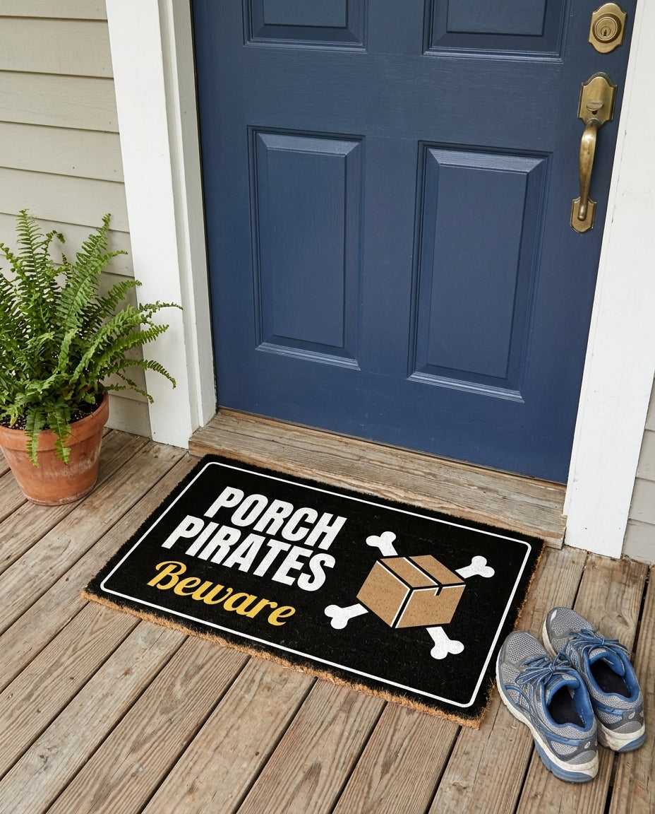 Porch Pirates Beware funny doormat on a front porch