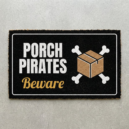 Porch Pirates Beware doormat 30x18 in black with a box and crossbones