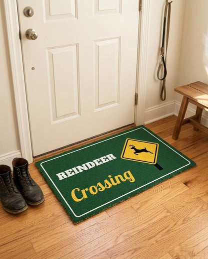 Reindeer Crossing welcome mat in a home entryway