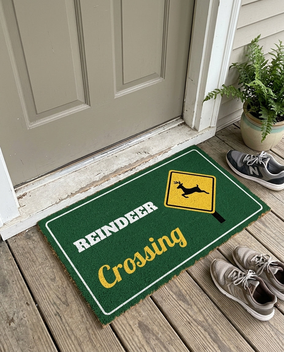 Reindeer Crossing Christmas doormat on a front porch