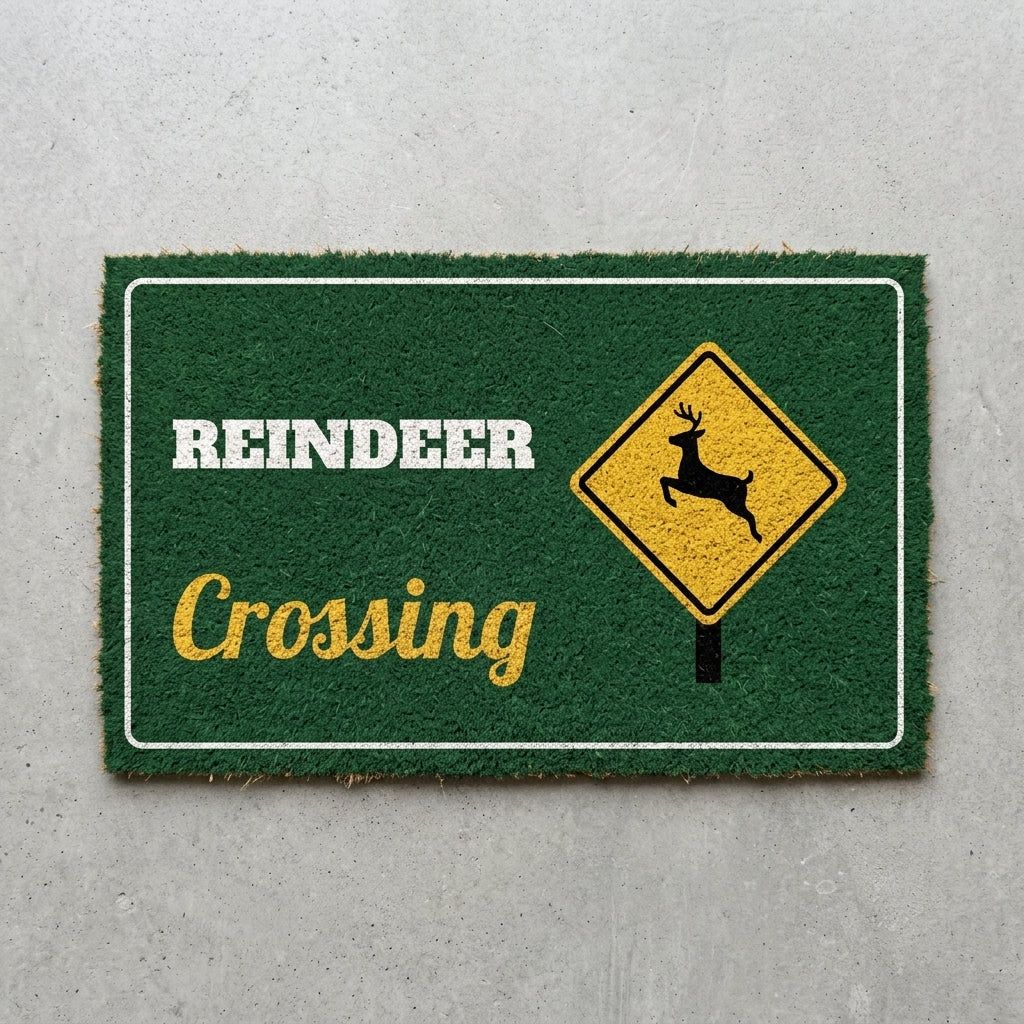 Reindeer Crossing doormat 30x18 in green with a reindeer road sign