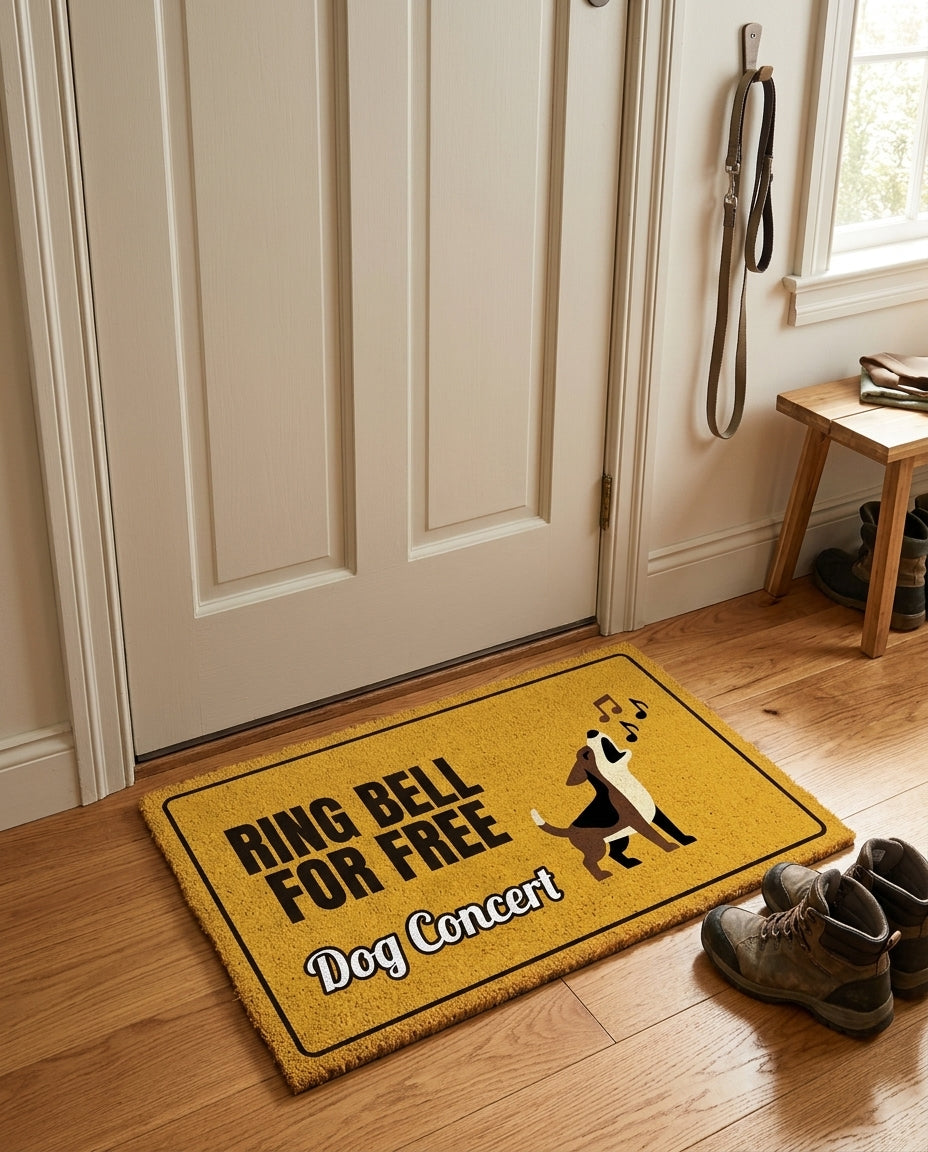 Ring Bell For Dog Concert welcome mat in a home entryway