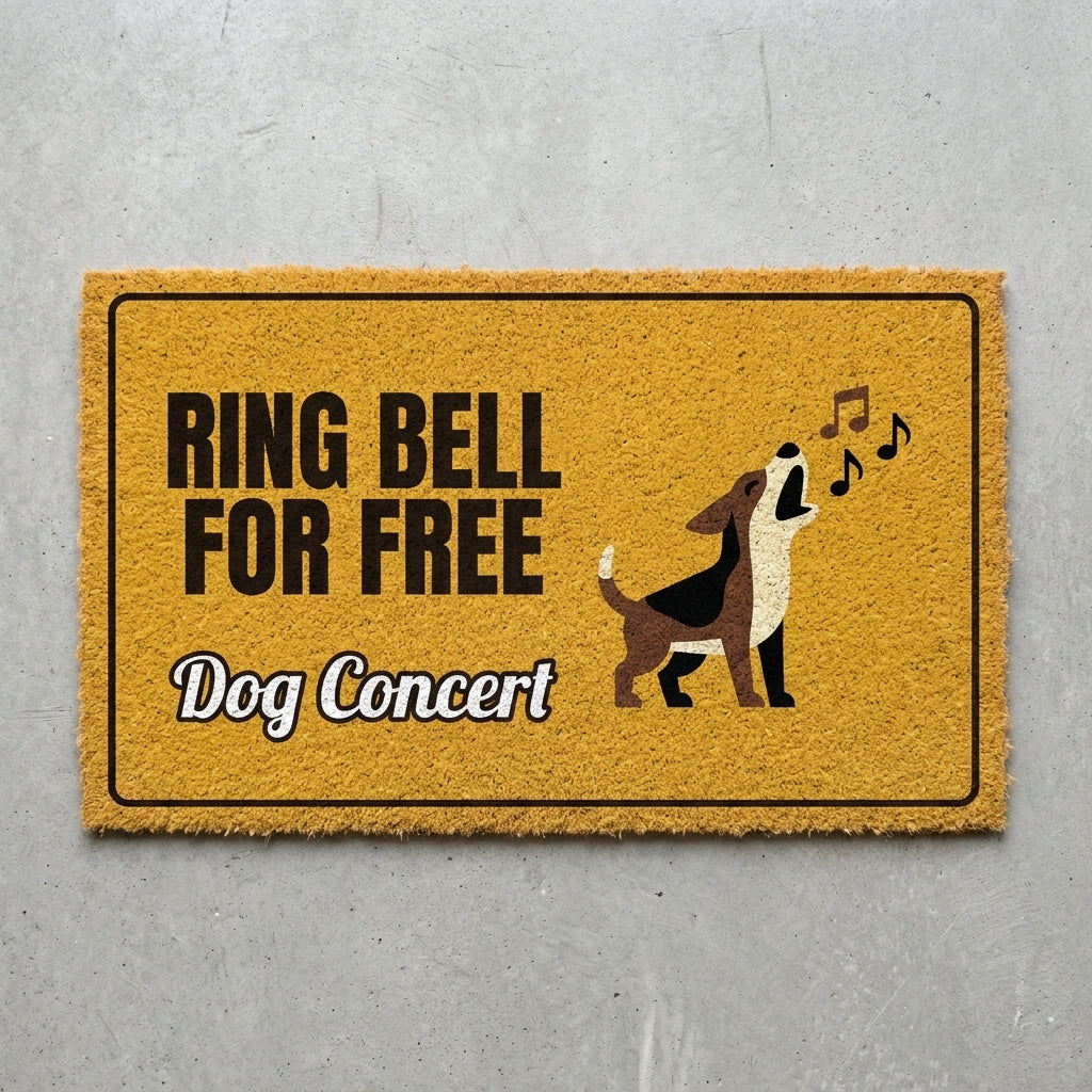 Ring Bell For Dog Concert doormat 30x18 in mustard with a howling dog