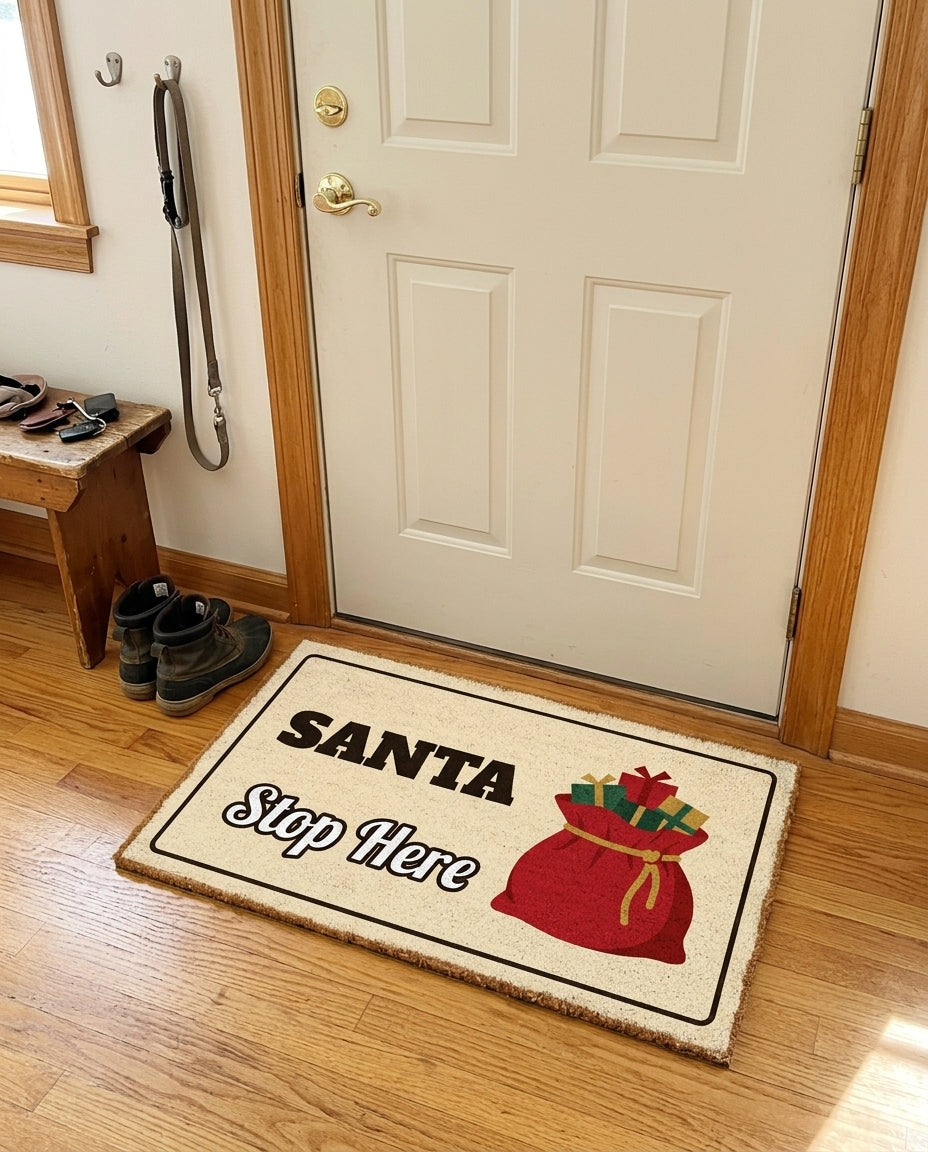 Santa Stop Here welcome mat in a home entryway