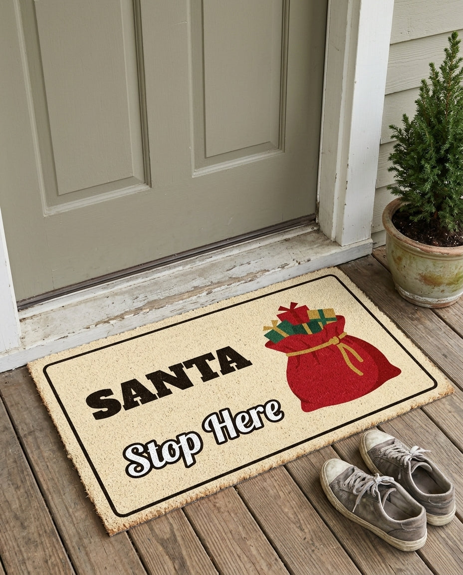 Santa Stop Here Christmas doormat on a front porch