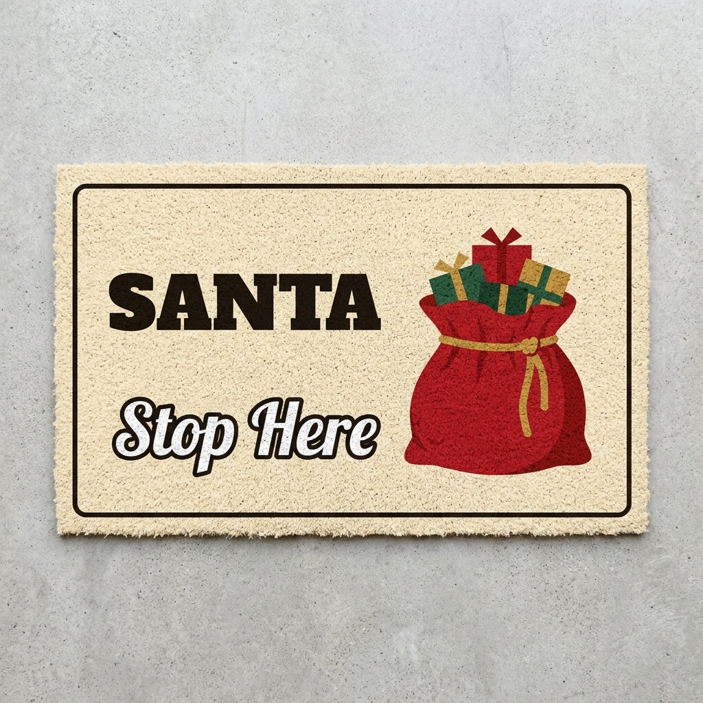 Santa Stop Here doormat 30x18 in cream with a bag of gifts