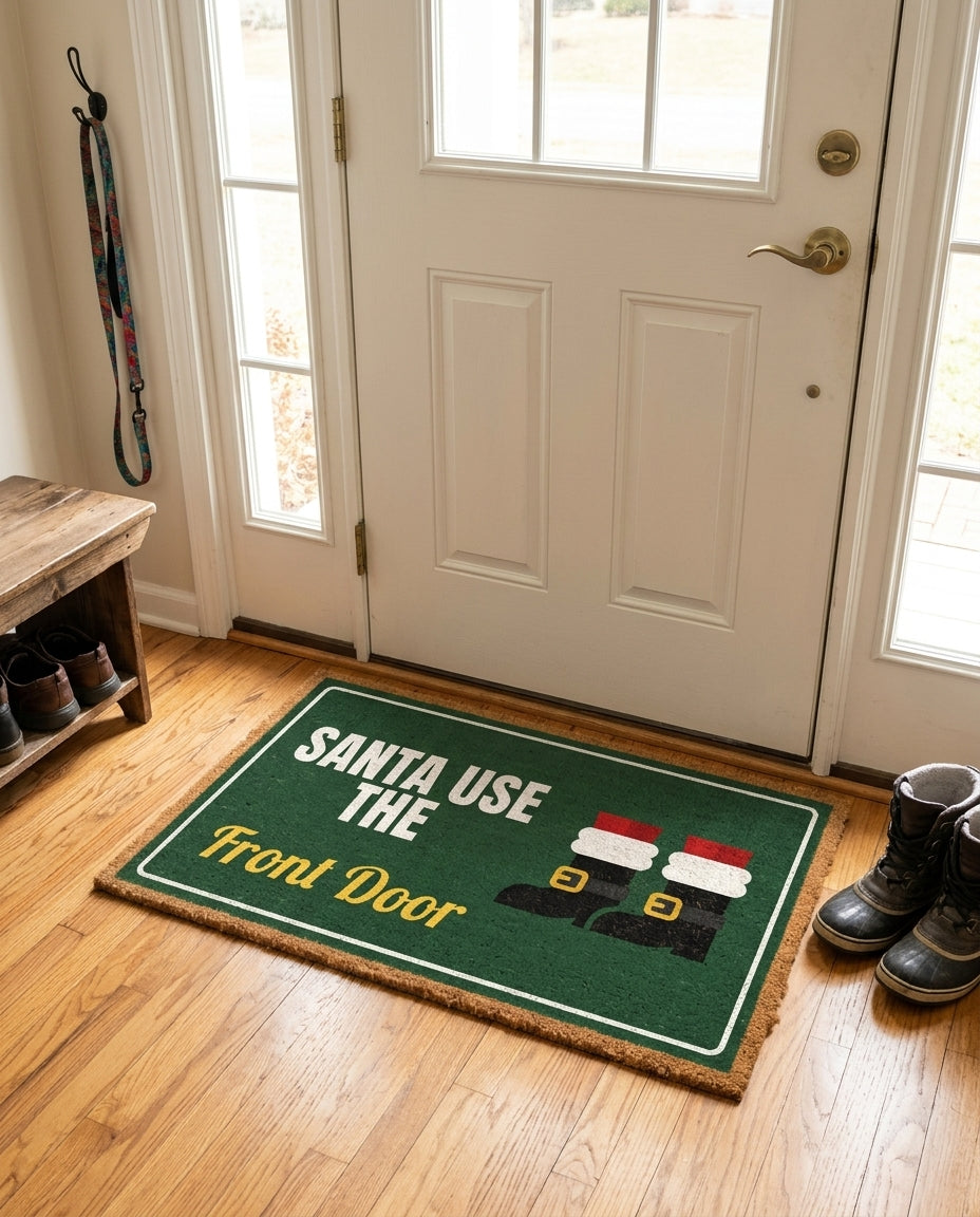 Santa Use The Front Door welcome mat in a home entryway