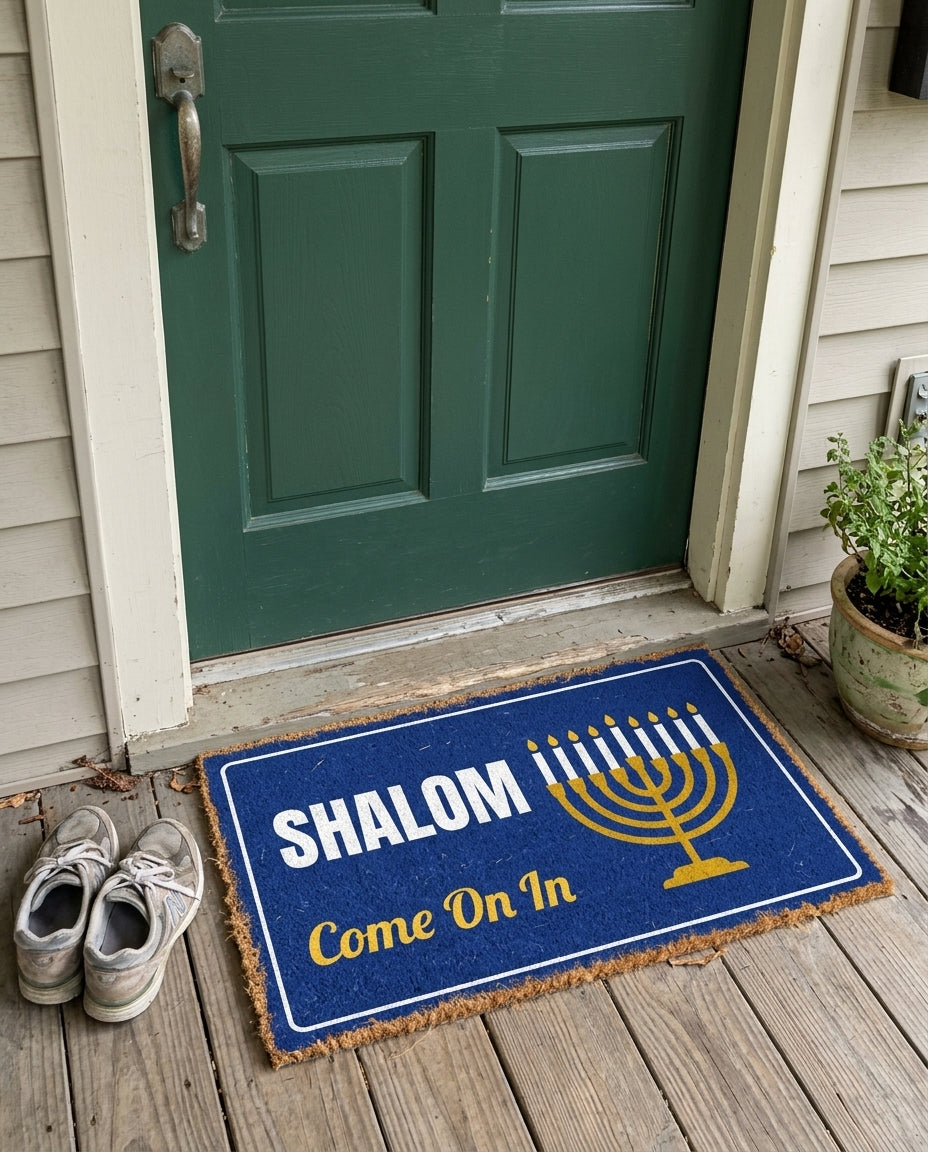 Shalom Come On In Hanukkah doormat on a front porch