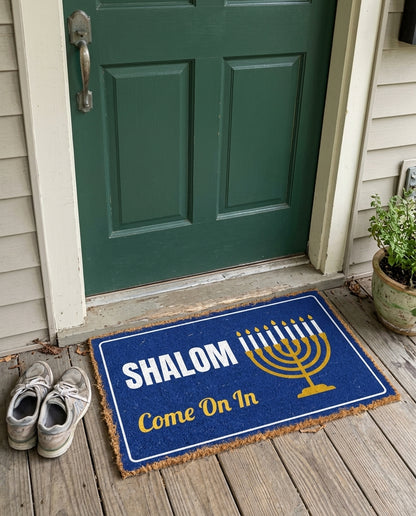 Shalom Come On In Hanukkah doormat on a front porch