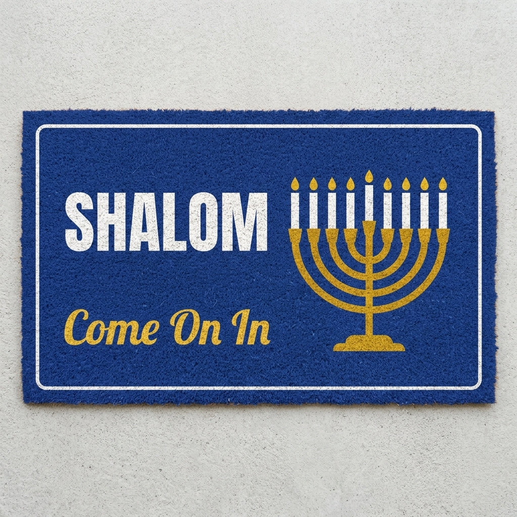 Shalom Come On In doormat 30x18 in royal blue with a 9-branch Hanukkah menorah