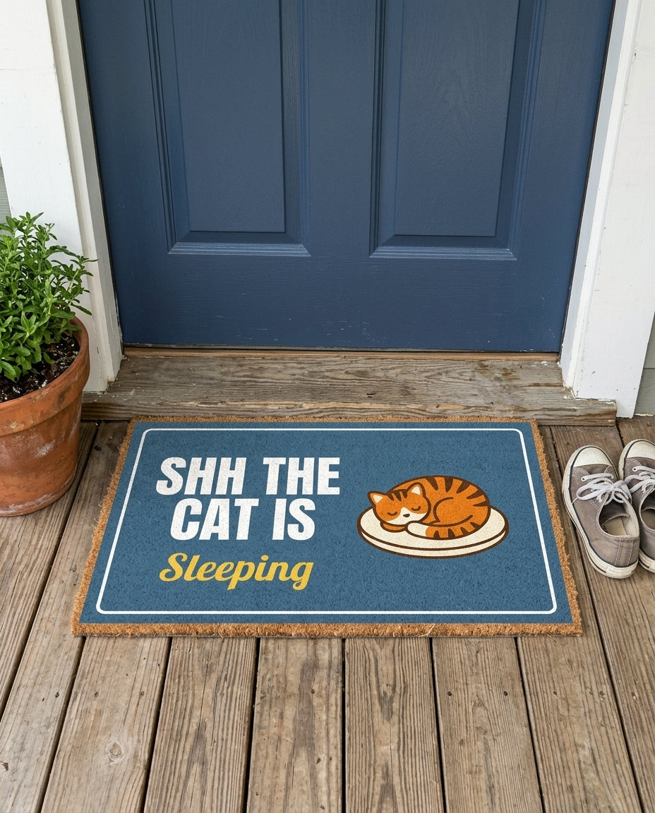 Shh The Cat Is Sleeping funny cat doormat on a front porch