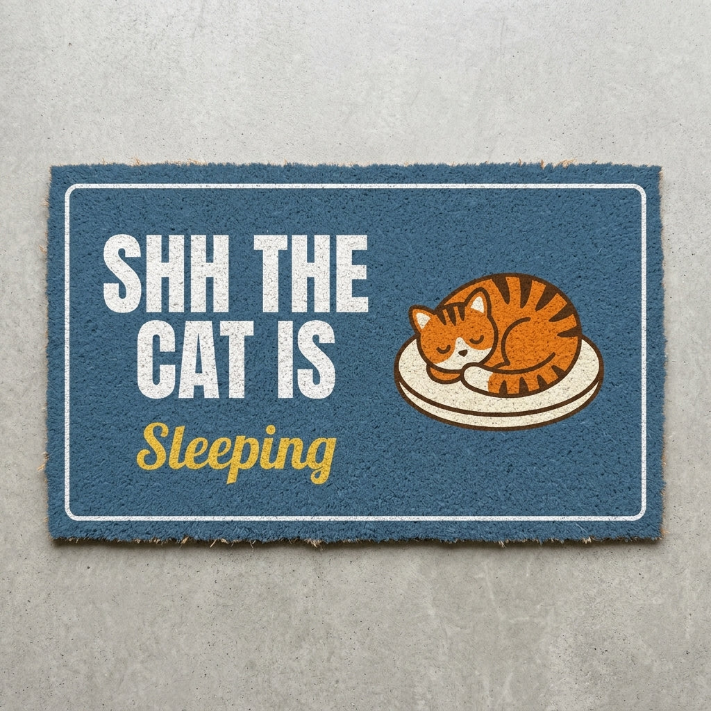 Shh The Cat Is Sleeping doormat 30x18 in slate blue with a sleeping orange tabby