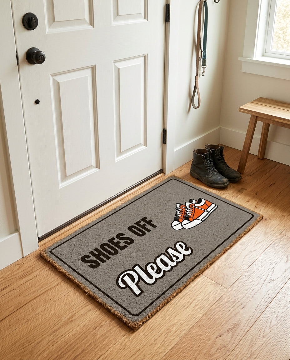 Shoes Off Please welcome mat in a home entryway