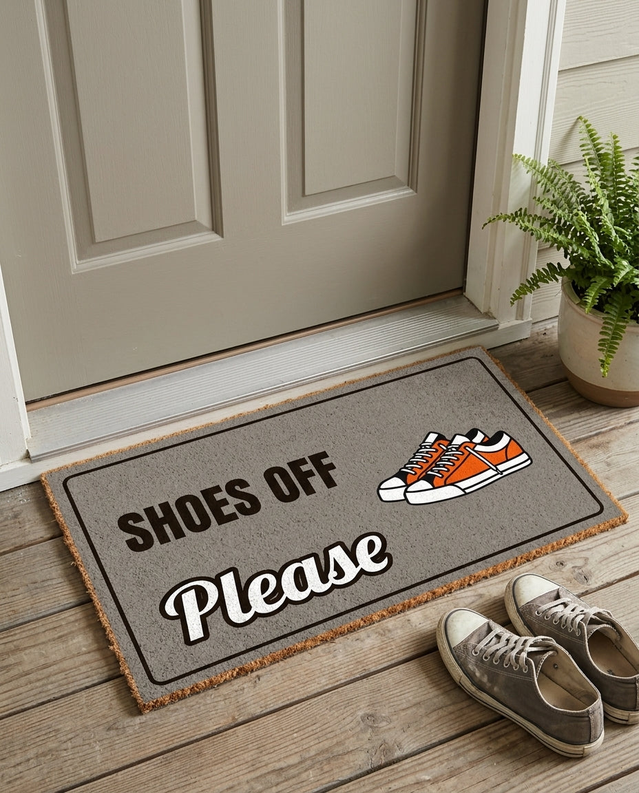 Shoes Off Please shoes off doormat on a front porch