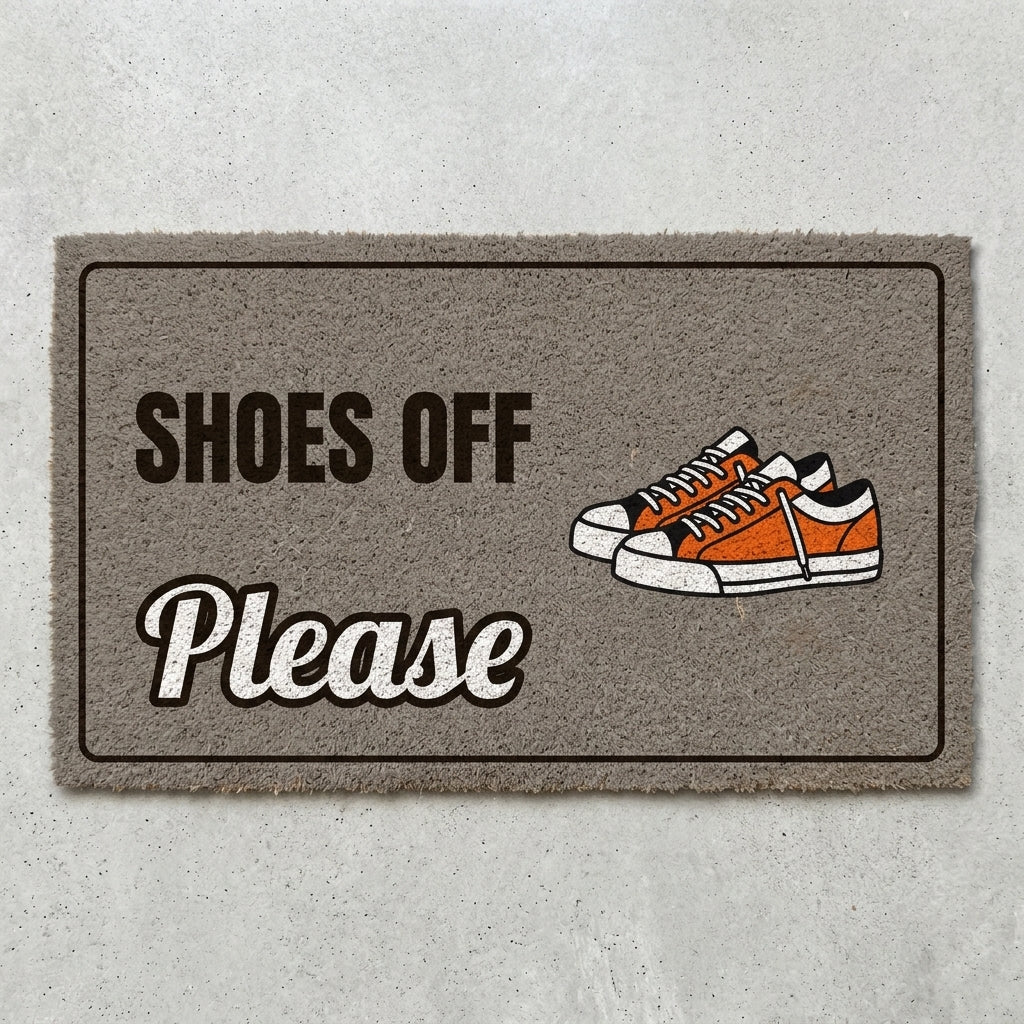 Shoes Off Please doormat 30x18 in gray with a pair of sneakers