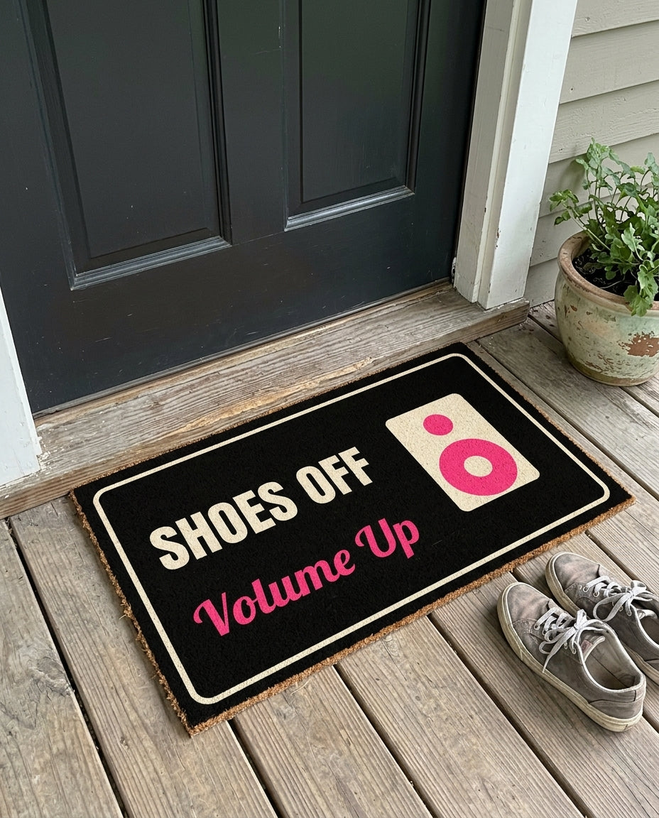 Shoes Off Volume Up music doormat on a front porch