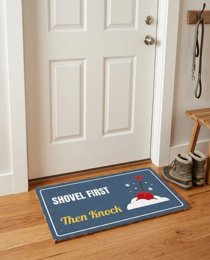 Shovel First Then Knock welcome mat in a home entryway