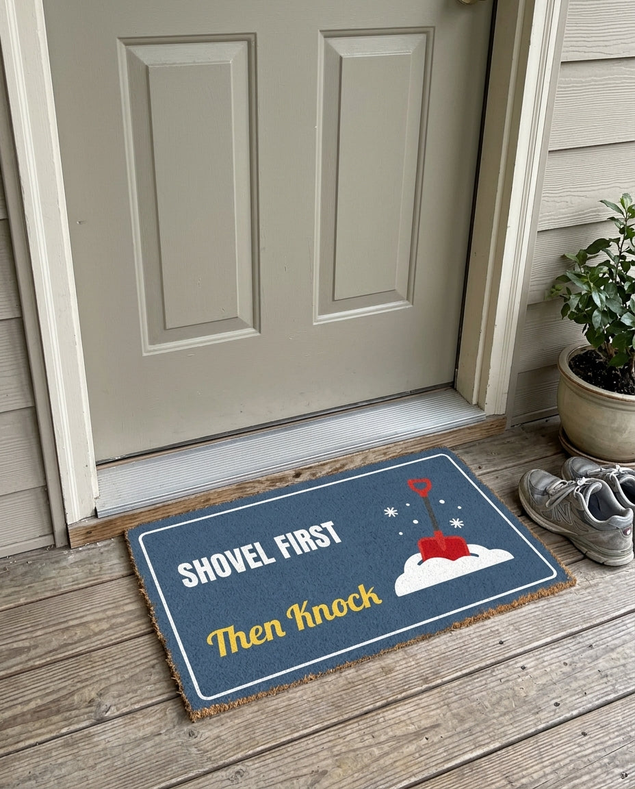 Shovel First Then Knock winter doormat on a front porch