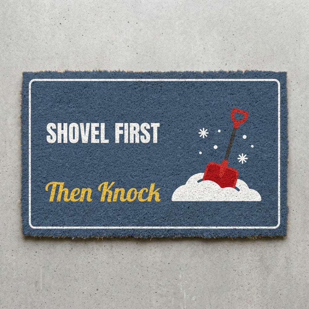 Shovel First Then Knock doormat 30x18 in slate blue with a snow shovel