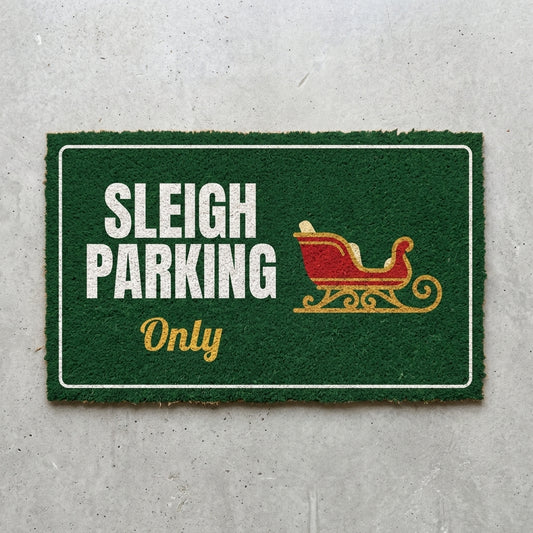 Sleigh Parking Only doormat 30x18 in green with a red sleigh