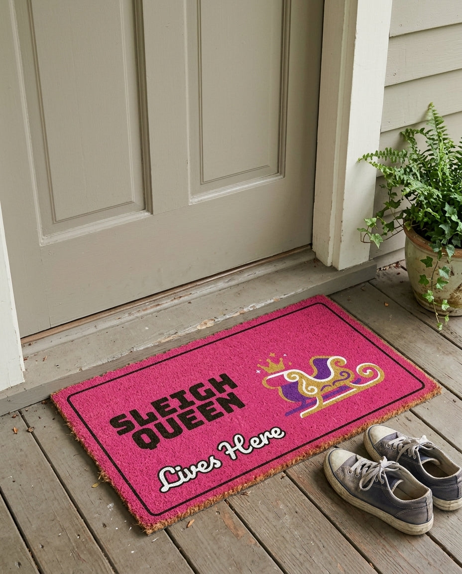 Sleigh Queen Lives Here pride Christmas doormat on a front porch