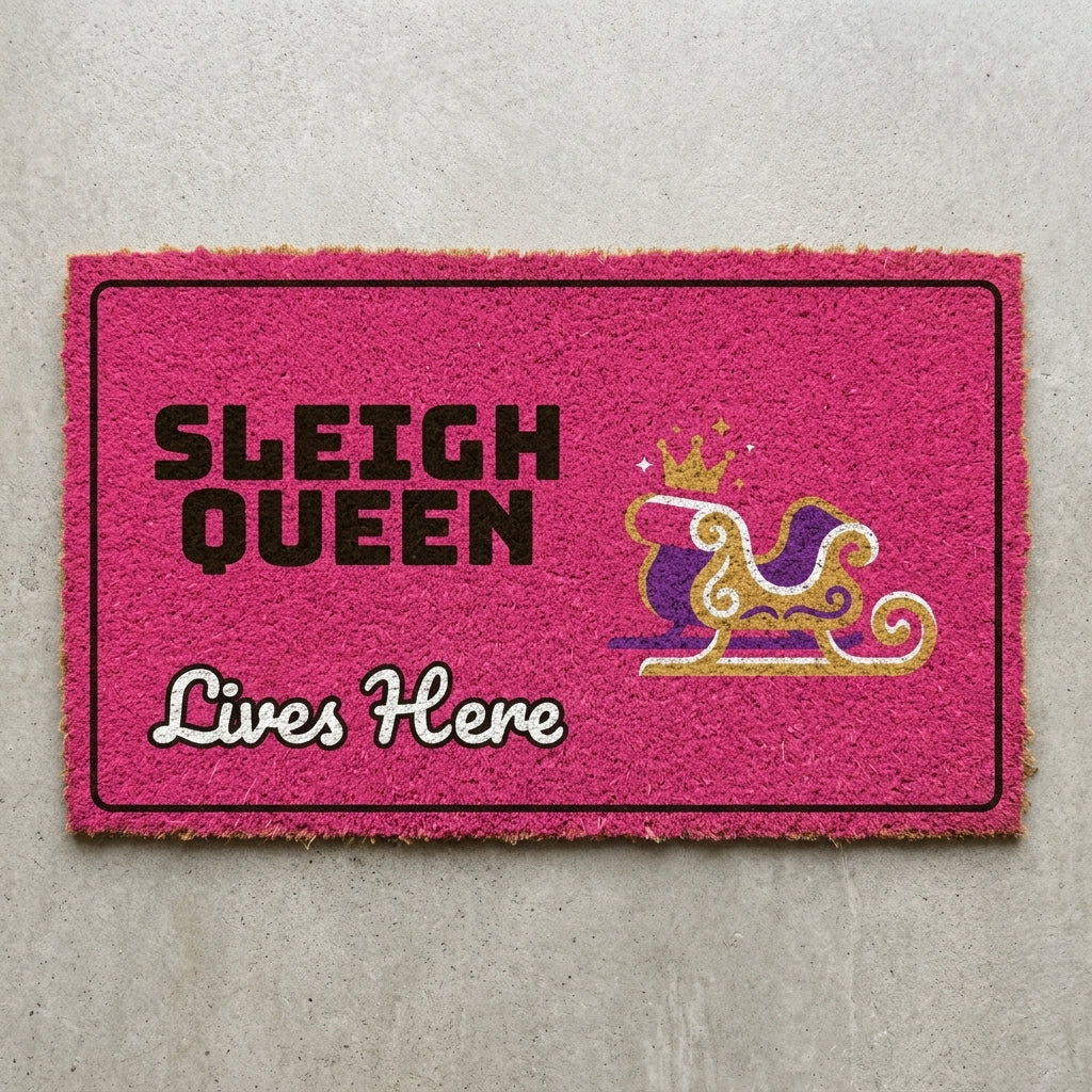 Sleigh Queen Lives Here doormat 30x18 in hot pink with a crowned sleigh