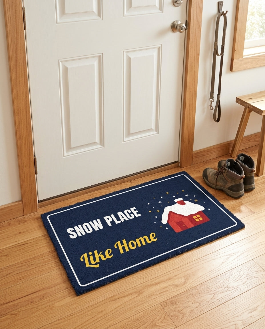 Snow Place Like Home welcome mat in a home entryway