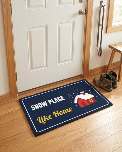 Snow Place Like Home welcome mat in a home entryway