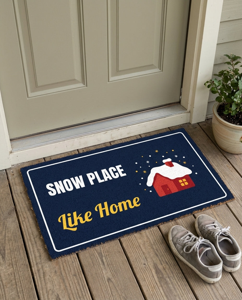 Snow Place Like Home winter doormat on a front porch