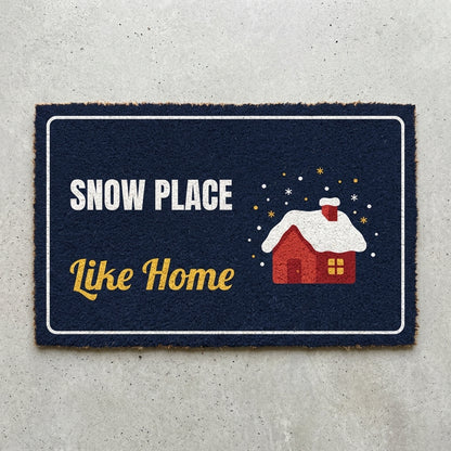 Snow Place Like Home doormat 30x18 in navy with a snowy red house