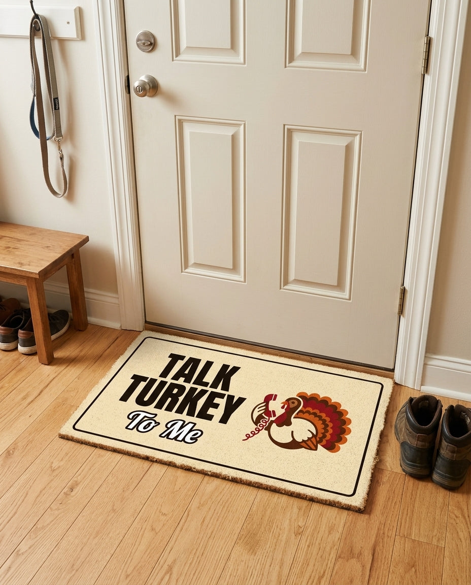 Talk Turkey To Me welcome mat in a home entryway