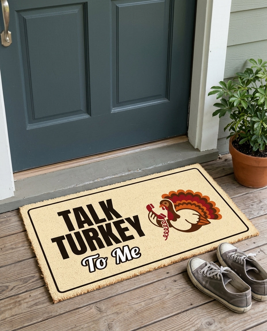 Talk Turkey To Me Thanksgiving doormat on a front porch