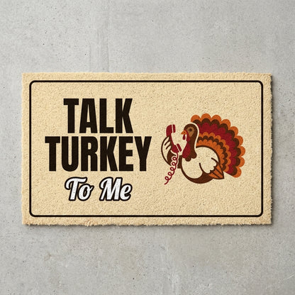 Talk Turkey To Me doormat 30x18 in cream with a turkey on the phone