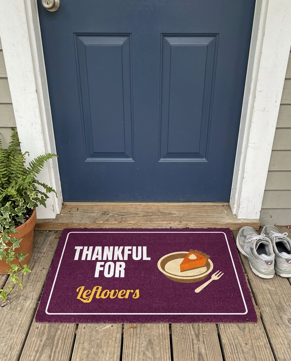 Thankful For Leftovers Thanksgiving doormat on a front porch
