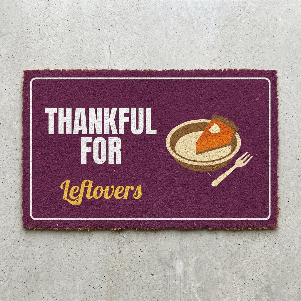 Thankful For Leftovers doormat 30x18 in plum with a slice of pumpkin pie