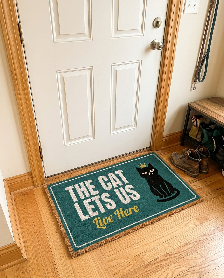 The Cat Lets Us Live Here welcome mat in a home entryway