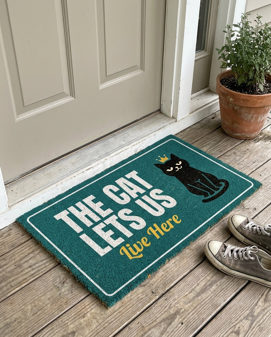 The Cat Lets Us Live Here funny cat doormat on a front porch