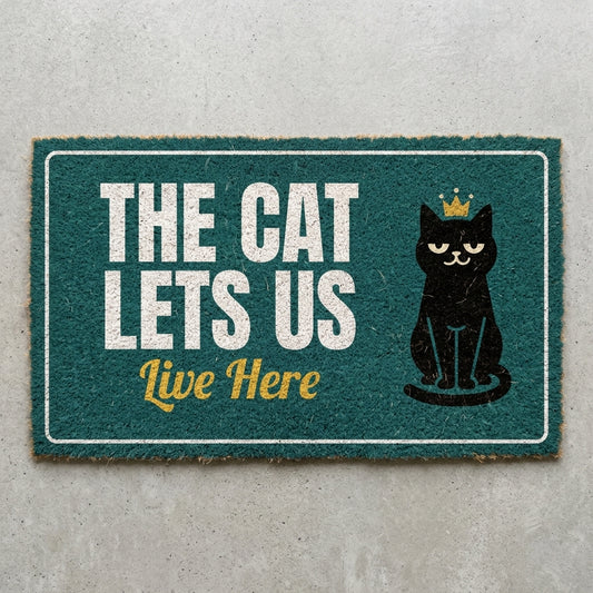 The Cat Lets Us Live Here doormat 30x18 in teal with a black cat in a crown