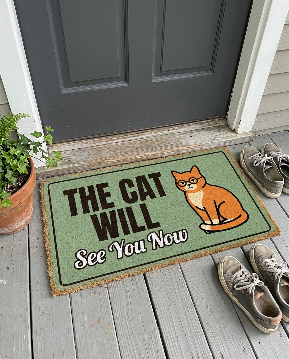 The Cat Will See You Now funny cat doormat on a front porch