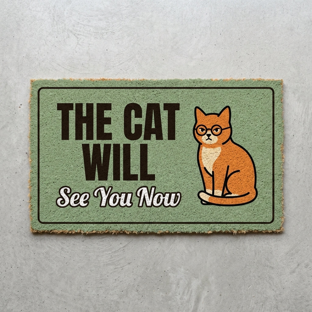The Cat Will See You Now doormat 30x18 in sage green with an orange cat in glasses