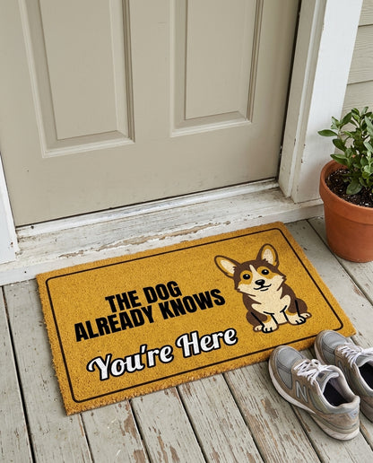 The Dog Already Knows Youre Here funny dog doormat on a front porch