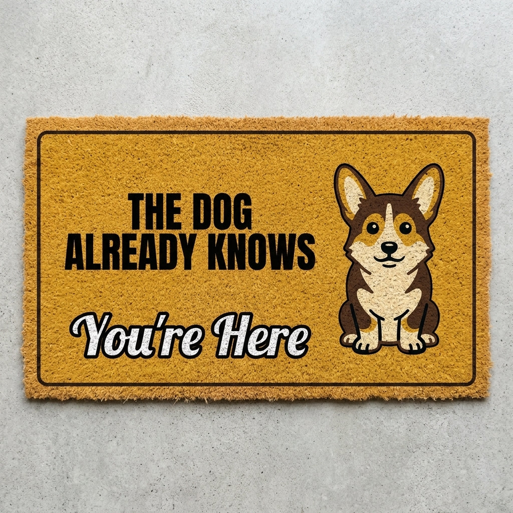 The Dog Already Knows Youre Here doormat 30x18 in mustard with an alert corgi