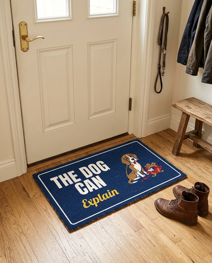 The Dog Can Explain welcome mat in a home entryway