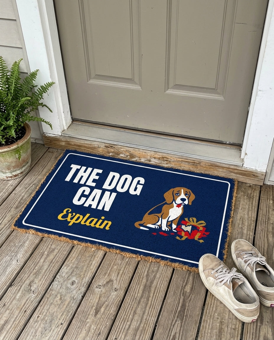The Dog Can Explain funny dog doormat on a front porch